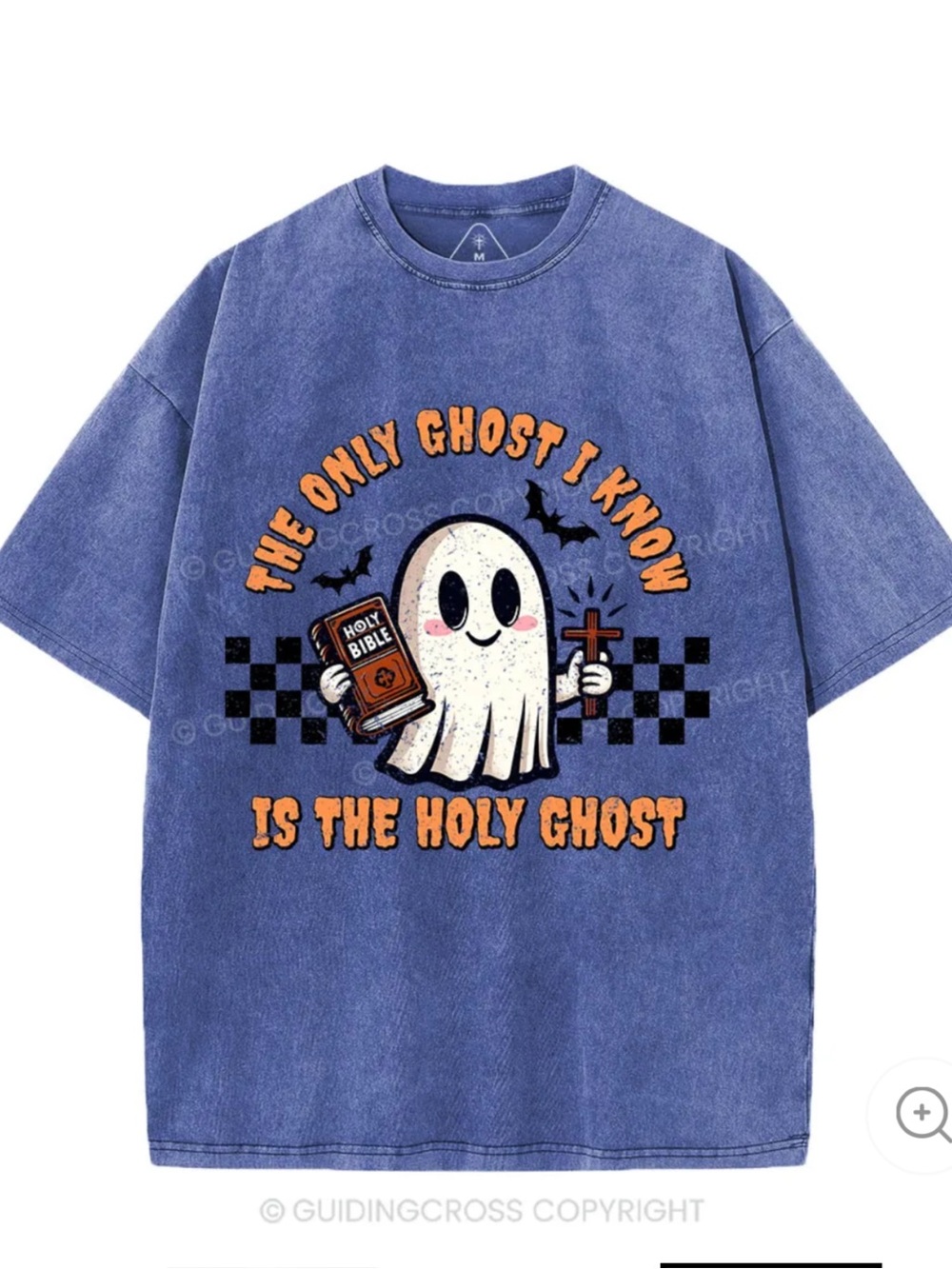 Blue Graphic Short Sleeve Tee with Ghost and Faith Message
